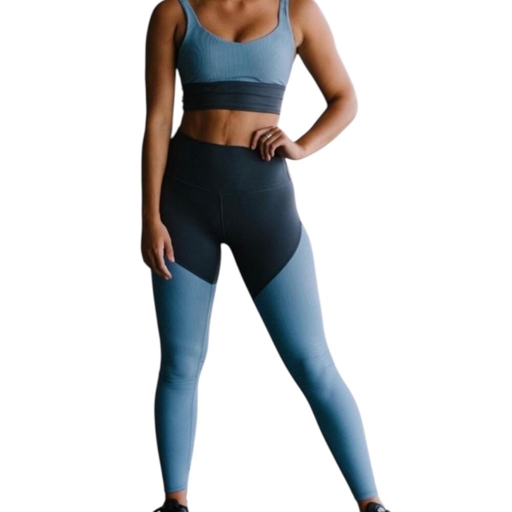 137. ZYIA Active Storm Parallel Luxe High Rise Leggings Blue/Grey ColorBlock 12
